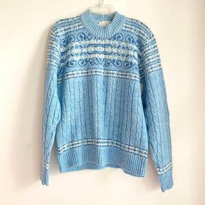 Vintage Jantzen Floral Baby Blue Cable Knit Mock Neck Pullover XL